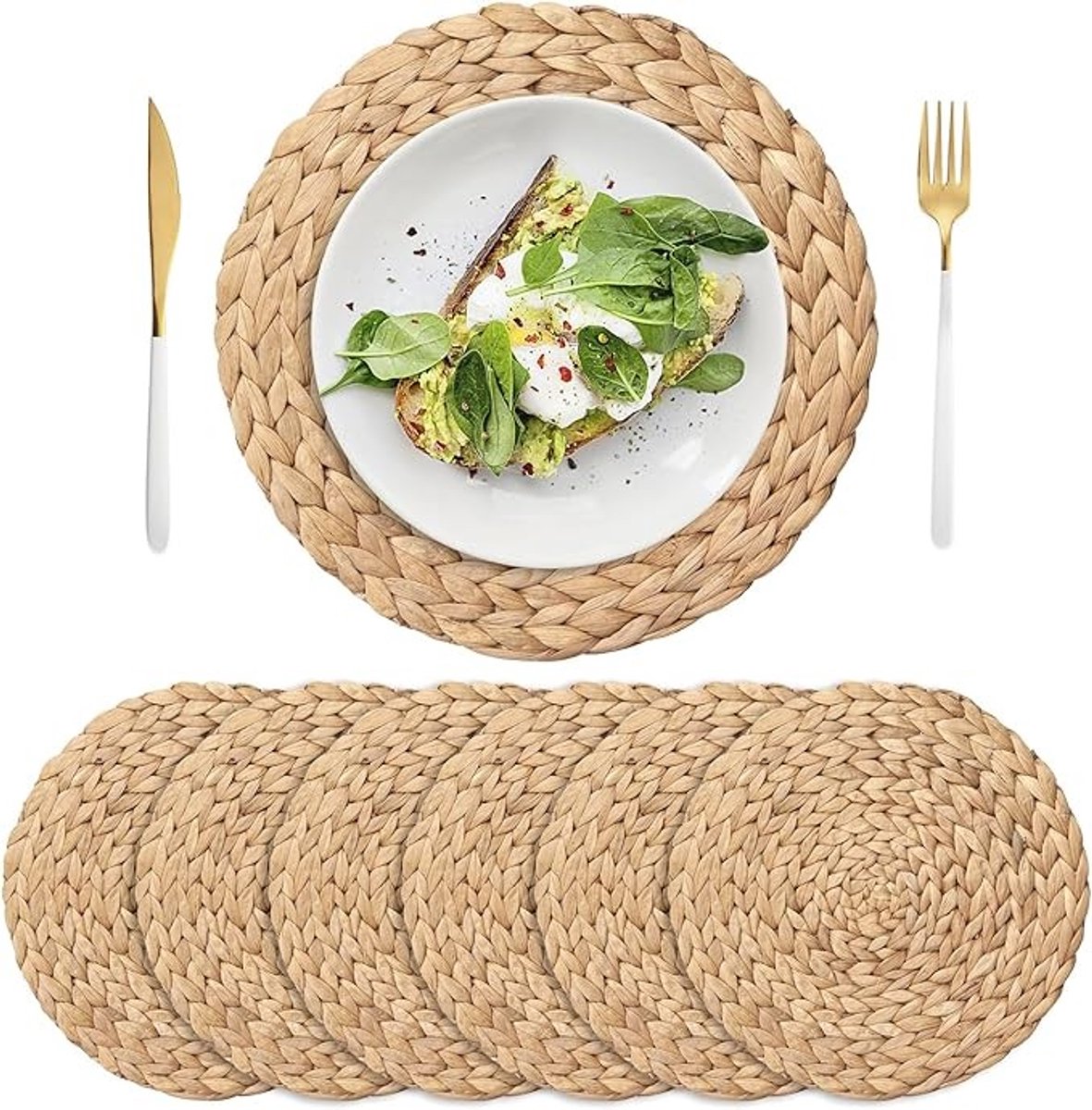 Ronde gevlochten placemats set van 6 - waterhyacint - hittebestendig en antislip