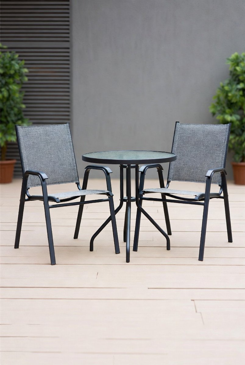 3-delige Bistroset Balkon & Tuin – Ronde Glazen Tafel Ø60 cm met 2 Stapelbare Stoelen – Me