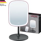 Limited edition make-up spiegel van Beurer in bordeauxrood en zwart, met "German Engineering" logo.