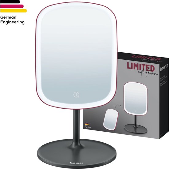 Beurer BS 47 Make-up Spiegel - Spiegel met LED Verlichting – Badkamerspiegel - 3 Lichtstanden – Dimbaar - Smart touch – Magnetisch – Oplaadbaar – 15 x 21 cm - 3 Jaar garantie - Bordeauxrood/zwart