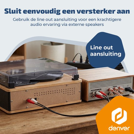 Platenspeler aangesloten op een versterker met rode en witte RCA kabels.