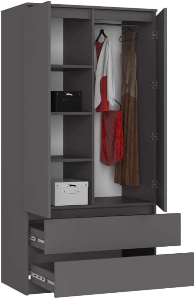 Kledingkast – House&Garden Garderobekast 180x90x51 cm – 2 Deuren, 2 Laden, 4 Planken & Kledingroede – Modern Grijs – Slaapkamer Kast, Opbergkast, Multifunctionele Wardrobe