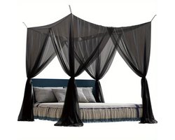 Klamboe - Groot vierkant muggennet - Luxe zwarte bedklamboe met 4 openingen - Polyester reisklamboe voor eenpersoons of tweepersoons bed - Inclusief montageaccessoires voor kamperen en terras - 190 x 210 x 240 cm