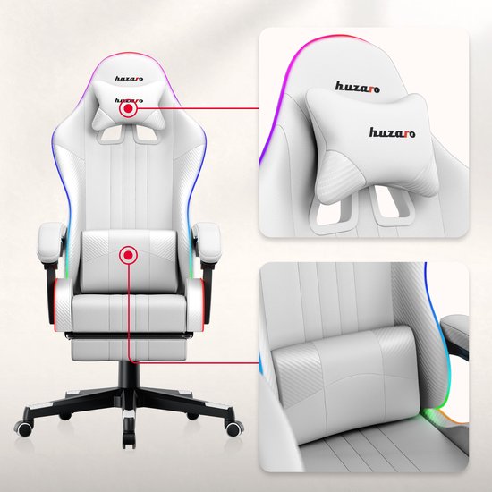 Witte gamestoel met Huzaro-logo, inclusief close-ups van de hoofdsteun en lendesteun.