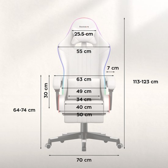 Vooraanzicht van witte gamestoel met LED-verlichting, gemeten afmetingen: 25,5 cm hoofdsteun, 55 cm breedte, 7 cm armleuning, 113-123 cm totale hoogte.
