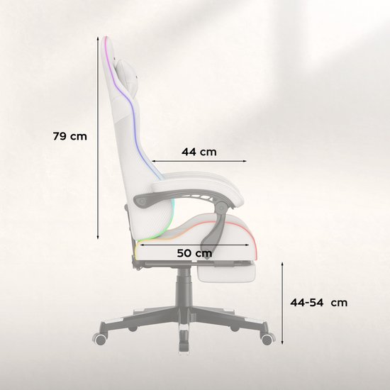 Zijaanzicht van witte gamestoel met LED-verlichting, gemeten afmetingen: 79 cm hoog, 44 cm breed, 50 cm zitting, 44-54 cm zithoogte.