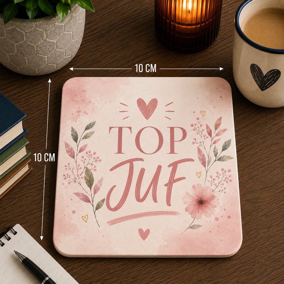 Top Juf Onderzetter 10x10 cm – Roze Bloemen Design – Cadeau voor de Liefste Juf
