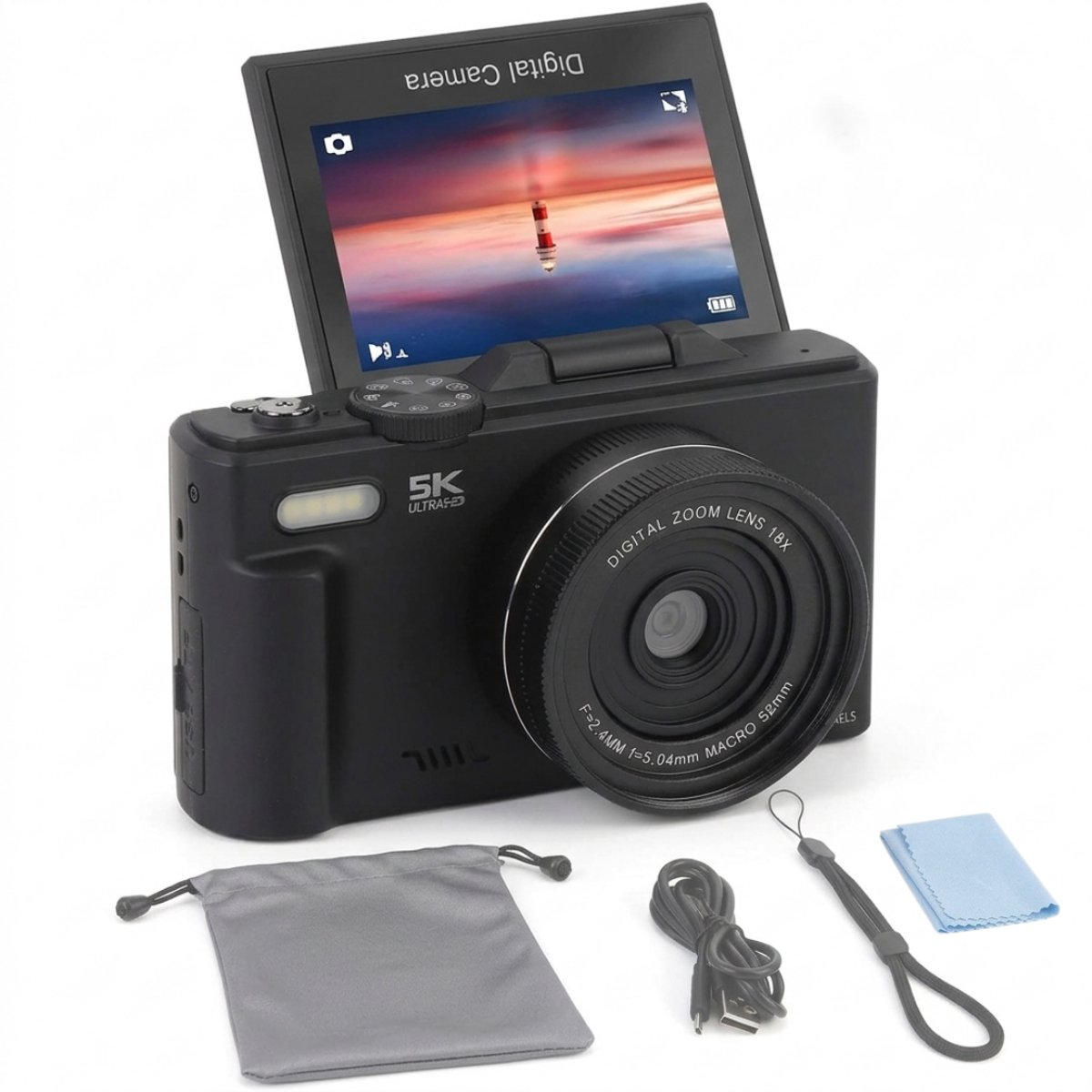 NÖRDIC 5K Ultra HD Digitale Camera – 75MP Vlog Camera – 18x Optische Zoom – 3" Flip-Screen & WiFi – Compacte Fotocamera met Autofocus – Zwart