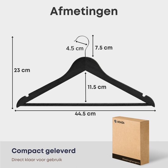 Afmetingen van een zwarte houten kledinghanger: 44.5 cm breed, 23 cm hoog, met diverse afmetingen van de haak en de standaard.