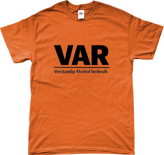 T-shirt orange avec l'inscription VAR Verstandig Alcohol Verbruik.
