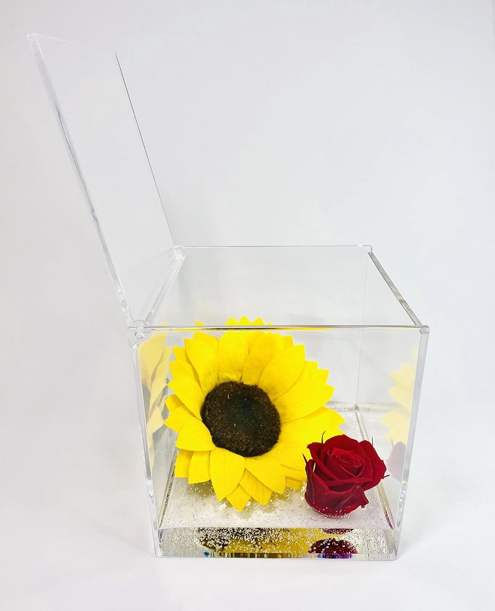 Zonnebloem Kubus - Eeuwige Bloemen - Decoratief Wonen - Handgemaakt in Italië - 12 cm - Geel