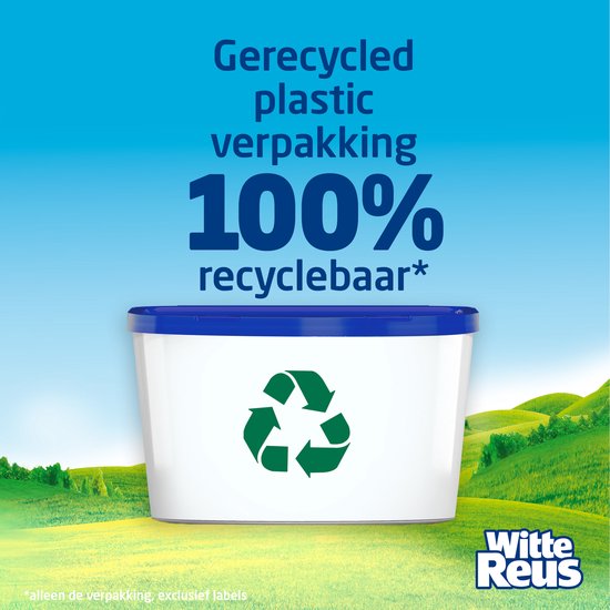 Witte Reus verpakking met recyclinglogo, gemaakt van gerecycled plastic.