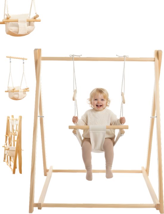Lichthouten babyschommel met een lachende baby, met extra afbeeldingen van de schommel zelf.