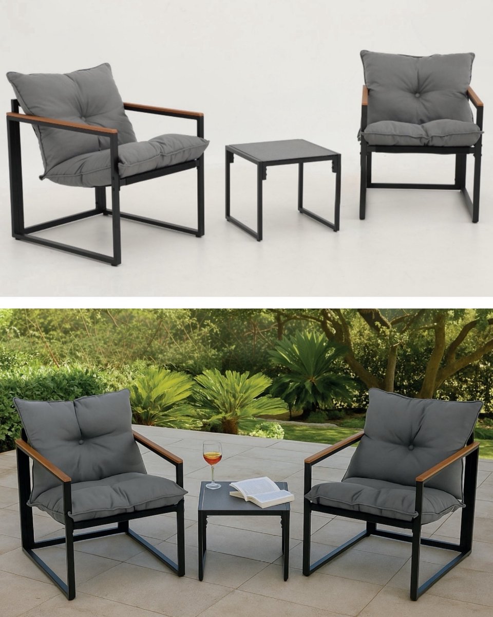 Lounge-Set Karin 3-delige loungeset 2 fauteuils met tafel antraciet kussens staal en polywood weerbestendig