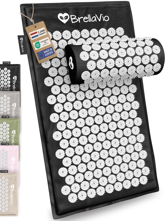 BrellaVio Spijkermat Set met Spijkerkussen - Zwart - 74x44 cm - Acupressuur Mat - Spijkerbed - Acupunctuur Kussen - Shakti Massage