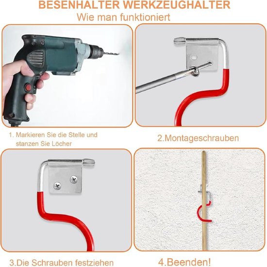 Tuingereedschapshouder, metalen haken, 15 stuks, rode haken, bezemhouder, gereedschapshouder met 30 stuks schroeven, ophanging voor tuingereedschap, met antislip rubberen coating, voor — afbeelding 5