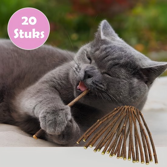 Grijze kat likt aan een matatabi-stick. Tekst: 20 stuks.