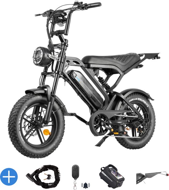 Ebikekopen.com Fatbike V20 Mini - Rijklaar - Nieuwste Model - Hydraulische remmen - 2026/2027 Model - Incl. Slot - Telefoonhouder - Alarmsysteem - Achterrekje - Voetensteuntje - Met Accessoires - Elektrische Fiets - Bluethooth Speaker - QmWheel