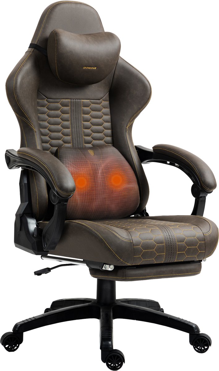 Dowinx - Big and Tall - Gamingstoel - PU leer, massage, voetensteun, 180 kg - Grijs