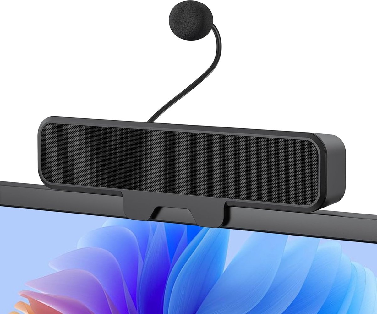 Pc-luidspreker - USB-monitor speaker met microfoon, stereo & bas, mute-schakelaar met één knop, plug-and-play speaker clip per 0,1-1,1 inch pc-monitor, desktop, laptop en Mac (zwart)