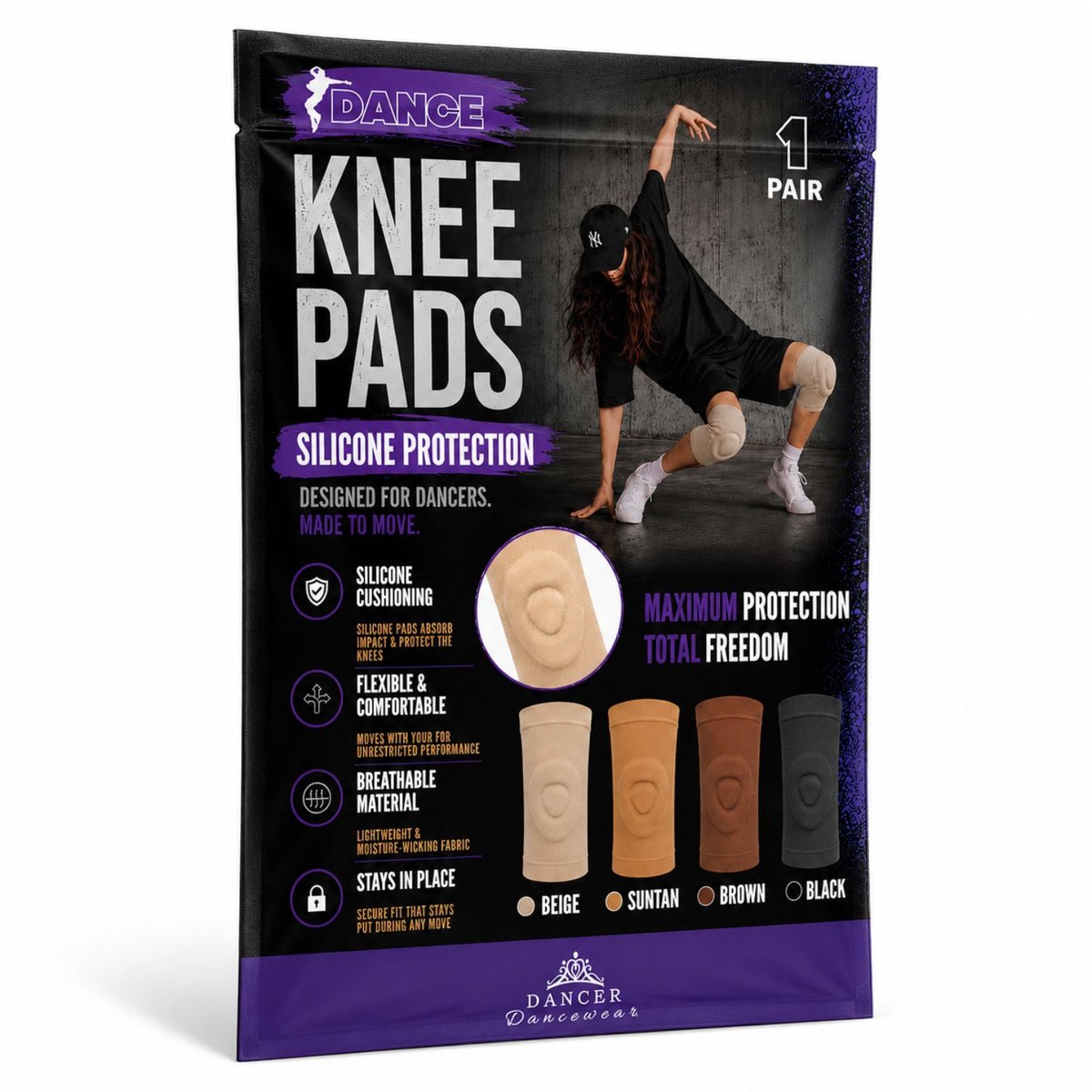 Dancer Dancewear - kniebeschermers met siliconen gel voor dans - getinte huidskleur - suntan - kinderen/tieners - maat XS
