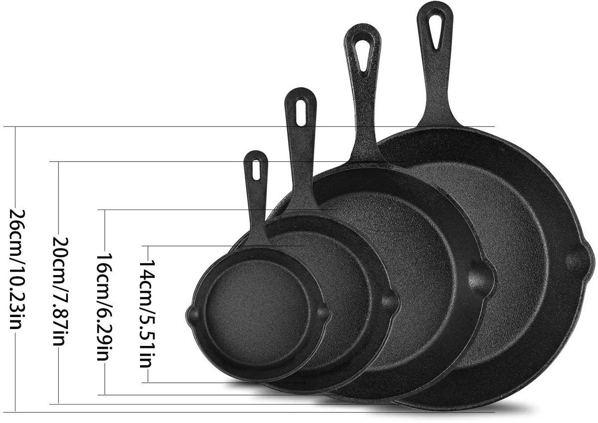 Cherrys Finds - 4 Delig Set Gietijzeren Koekenpannen - Gietijzeren Pan - Inductie Geschikt - BBQ Pan - Skillet - Anti-aanbak - Camping - 14/16/20/26 CM - Zwart