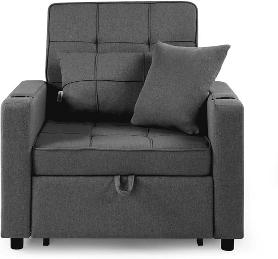 Sleeping Chair Sofa Bed Tommy Foldable 3in1 with Armrests - Bed Function - Adjustable Backrest - 2 Cushions Cup Holder - Up to 150 kg Folding Bed Sofabed Bed Chair in Dark Grey — afbeelding 5