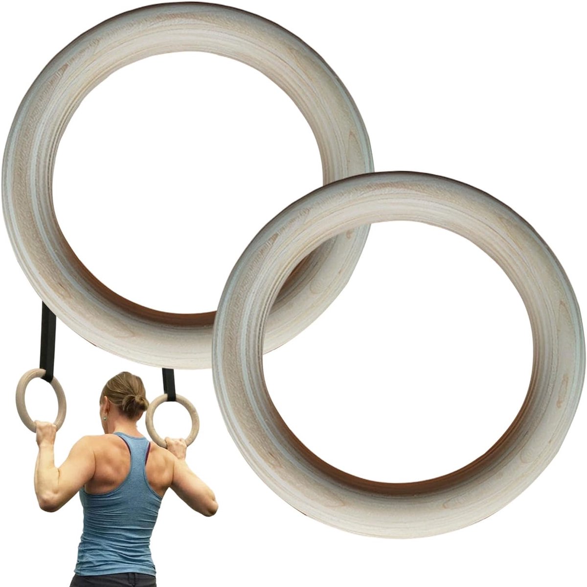 Gymnastiek Ringen - Houten Ringen - Kracht Training - Antislip Zweetabsorberend - 20.5 cm Diameter - Houtkleurig