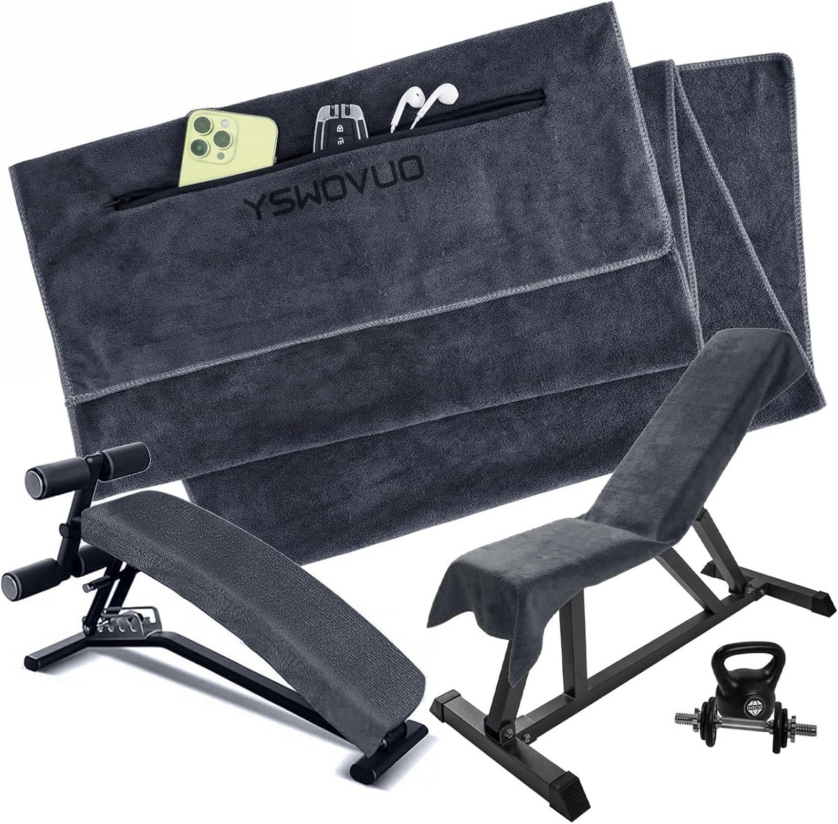 Fitness Handdoek - Sport Handdoek - Sporten en Reizen - Met Ritsvak - 120 x 50 cm - Donkergrijs