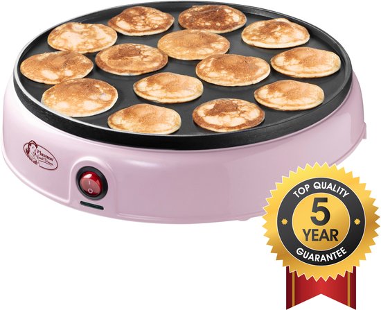 Roze poffertjespan met 12 poffertjes en een 'Top Quality 5 Year Guarantee' sticker.