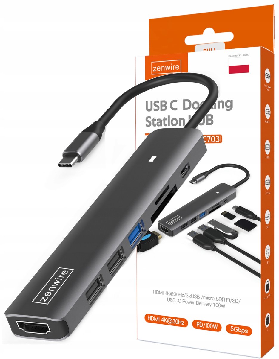 Zenwire USB-C Hub - Hub - Adapter 7in1 HDMI 4K - USB 3.0 - SD - Micro SD - Multiport Power Delivery 100W - Docking Station - USB Splitter - Geschikt voor Laptop Macbook Pro / Air / Windows / Universeel