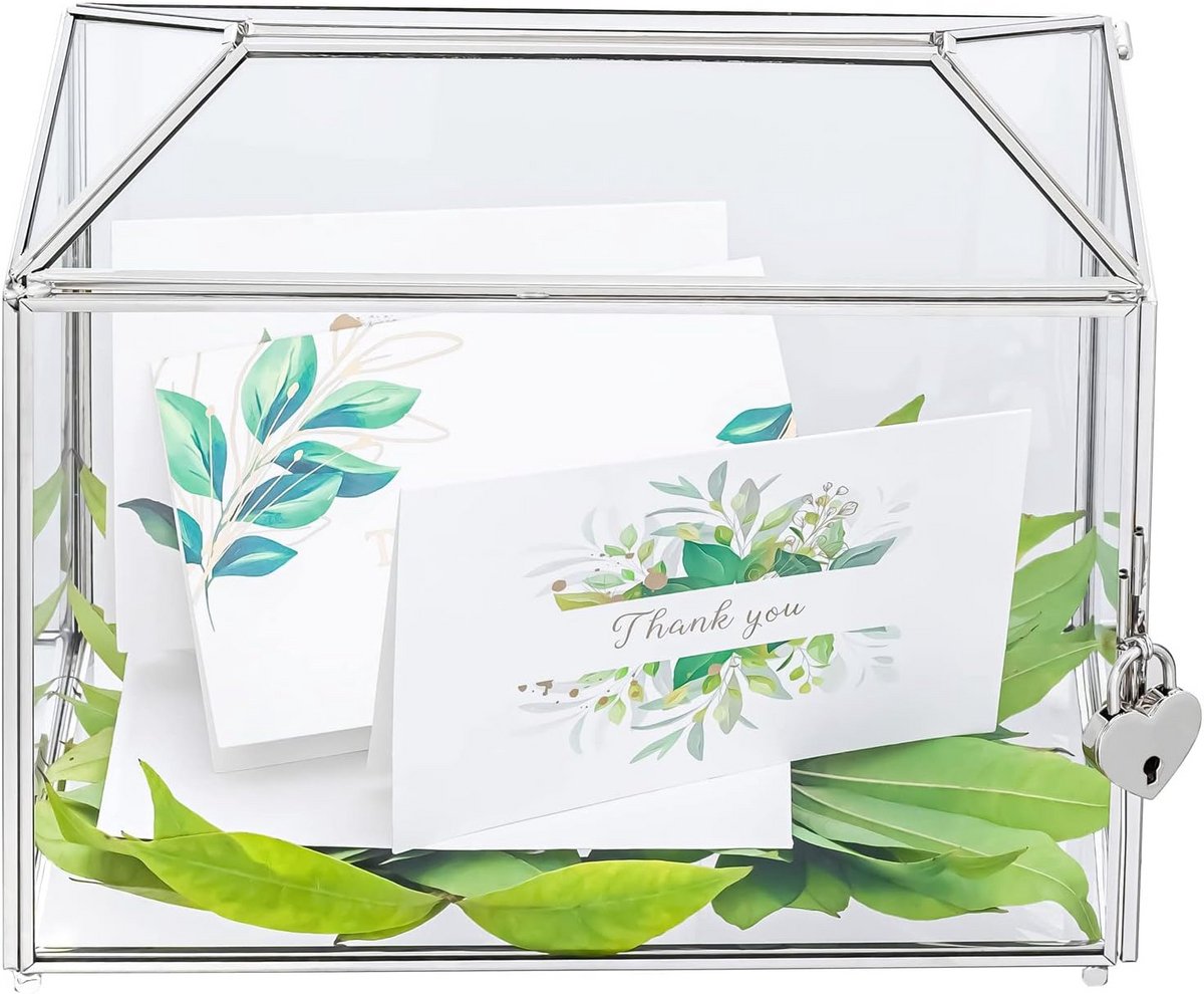 Glazen Kaartendoos - Geldkistje Decoratie - Feestelijke Ontvangst - Met Slot en Sleutel - 26x15x20.3cm - Zilver