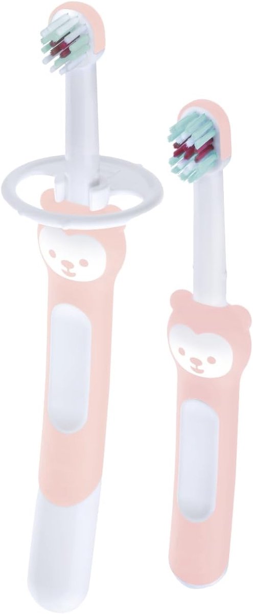 Kinder Tandenborstel Set - Poets Oefen Set - Zelfstandig Poetsen Leren - Twee Staps Methode - Vanaf 5 Maanden - Roze