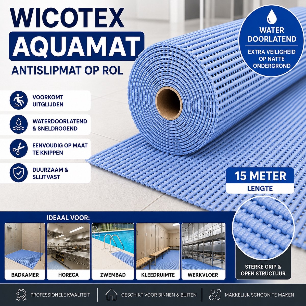 Wicotex - Aquamat Antislipmat op Rol – 15 meter – Waterdoorlatende Vloermat – Op Maat te Knippen – Voor Badkamer, Horeca, Keuken en Zwembad- Kleur - Licht Blauw