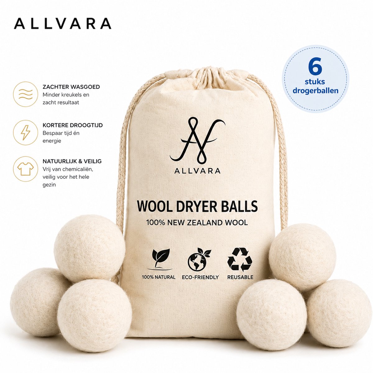 Allvara® Drogerballen - 100% Schapenwol - Herbruikbaar - Verkort Droogtijd & Bespaart Energie - 6 stuks inclusief opbergzak