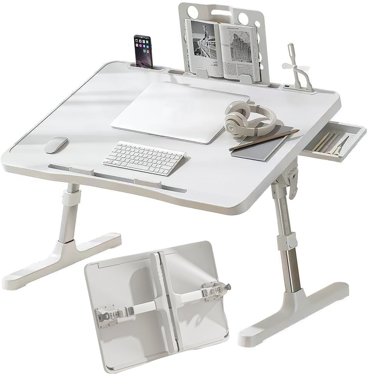 AIMASON Verstelbare Laptoptafel voor op Bed en Bank - Opvouwbare Bedtafel met USB, Lade & Boekenstandaard - Ergonomische Schoottafel - Incl. USB-Lampje & Ventilator - 5 Hoogtes & Kantelbaar - Wit Elegant Wit