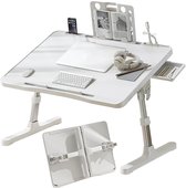 Verstelbare Laptoptafel voor op Bed en Bank - Opvouwbare Bedtafel met USB, Lade & Boekenstandaard - Ergonomische Schoottafel - Incl. USB-Lampje & Ventilator - 5 Hoogtes & Kantelbaar - Wit