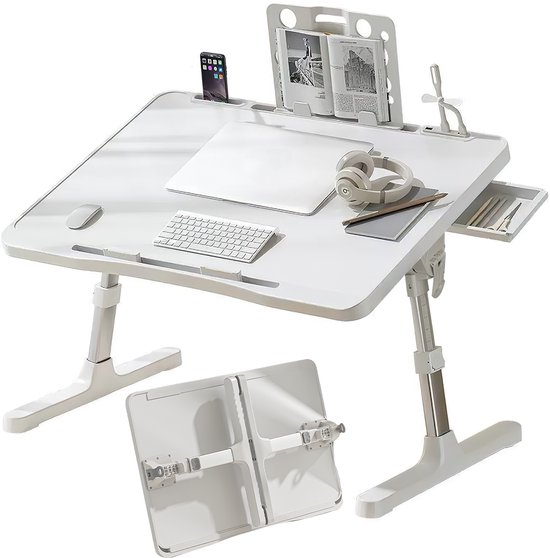 Witte, opvouwbare laptoptafel met verstelbare poten, tablet, koptelefoon, lade, boekenstandaard en mobiele telefoonhouder.