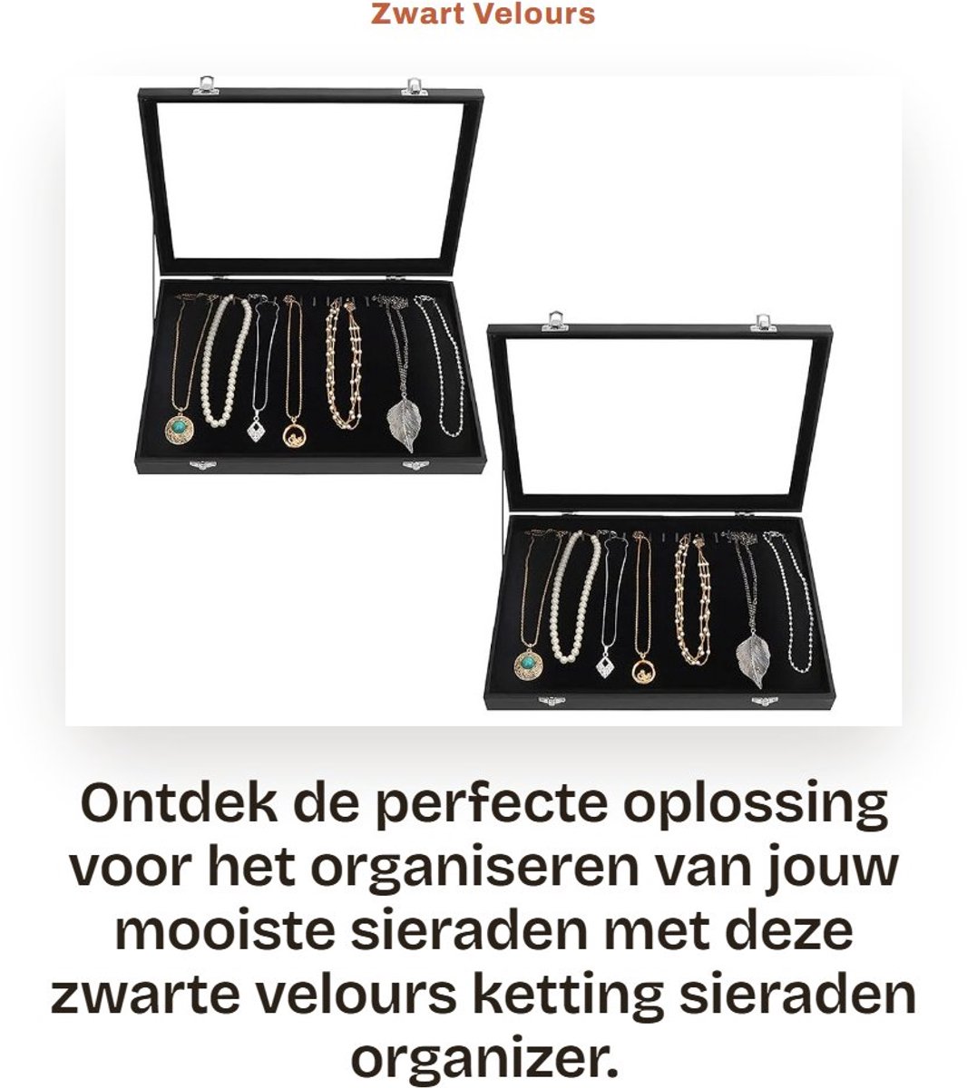 Dailygoods- Sieradenbox Zwart Fluweel - 20 Haken - Glazen Deksel - 2 Stuks - Sieraden Organizer - Afmetingen L35 x B24 x H4,5 cm - Sieradenopberger