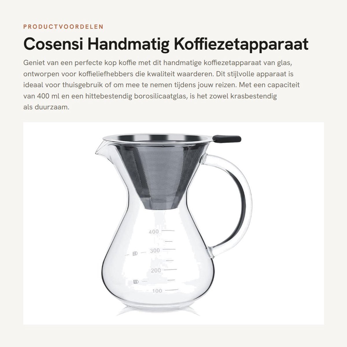 Dailygoods- Koffiezetapparaat Hittebestendig Borosilicaatglas - Koffiezetapparaat met Roestvrijstalen Filter - Handmatig Koffiezetapparaat - Duurzaam en Krasbestendig - Capaciteit 400 ml - Koffiekan