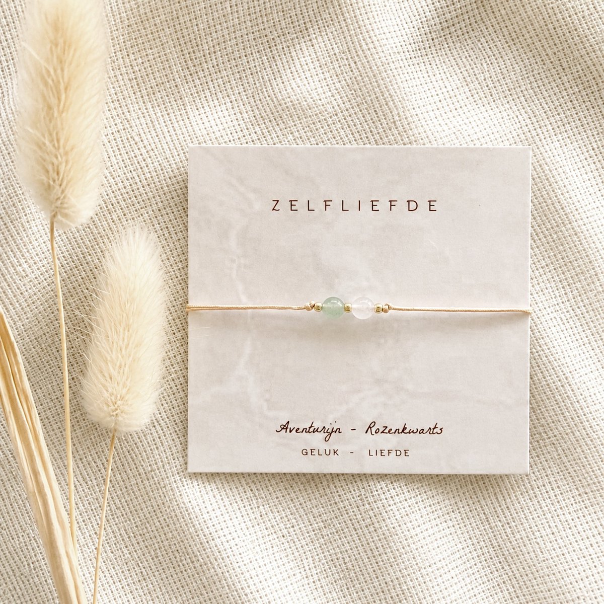Armbandje edelstenen met Kaartje - Zelfliefde - Aventurijn Rozekwarts - Geluk Liefde - Cadeautip - Selflove