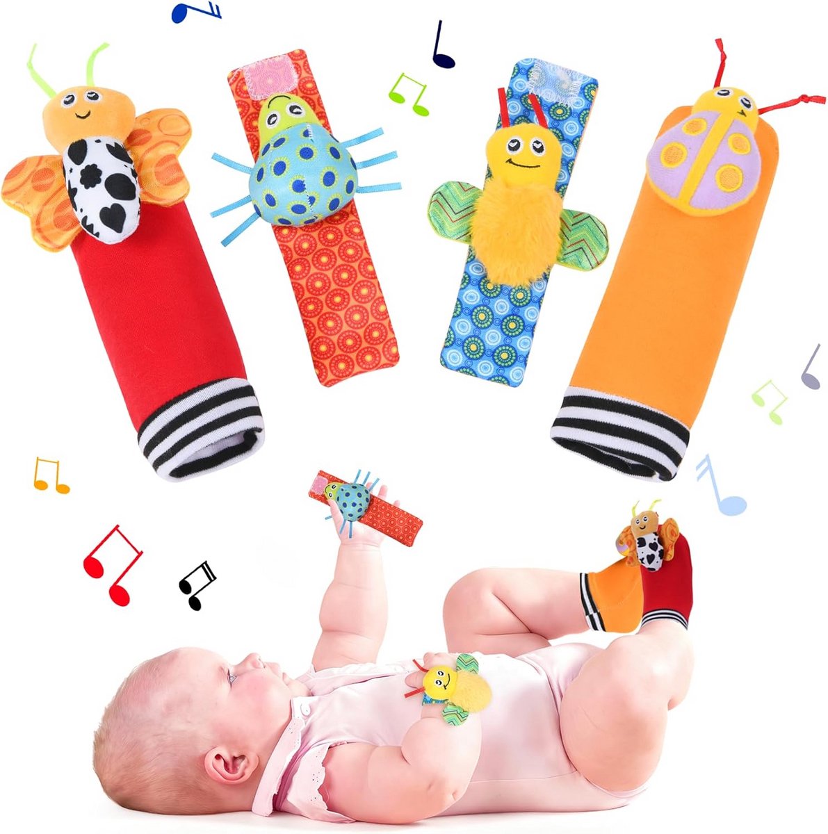 Babyspeelgoed Set - Pols Rammelaars - Zintuiglijke Ontwikkeling - Zacht Katoen - 4 Delig - Multicolor
