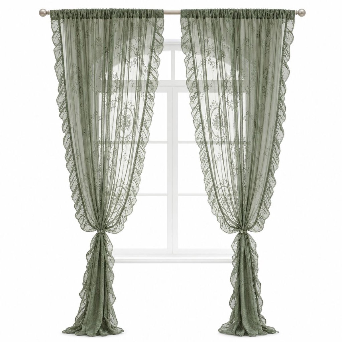 VHV Gordijnen - Vintage kanten gordijnen - bloemenruches voor raamdecoratie - Voor woonkamer en slaapkamer Groen