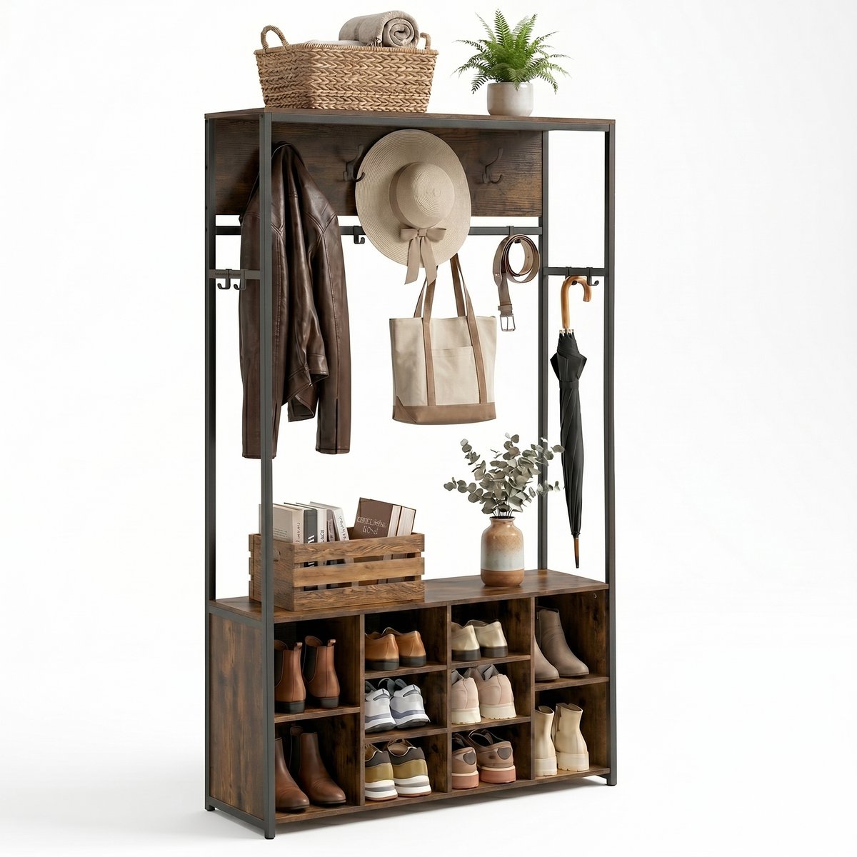 Aiverig® Kapstok met Schoenenrek – Halmeubel & Garderoberek met Zitbank – Industriële Staande Kapstok met 14 Haken & Verstelbare Planken – Voor Hal & Entree – Vintage Bruin Hout – 100×32×180 CM