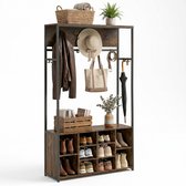 Aiverig® Kapstok met Schoenenrek – Halmeubel & Garderoberek met Zitbank – Industriële Staande Kapstok met 14 Haken & Verstelbare Planken – Voor Hal & Entree – Vintage Bruin Hout – 100×32×180 CM