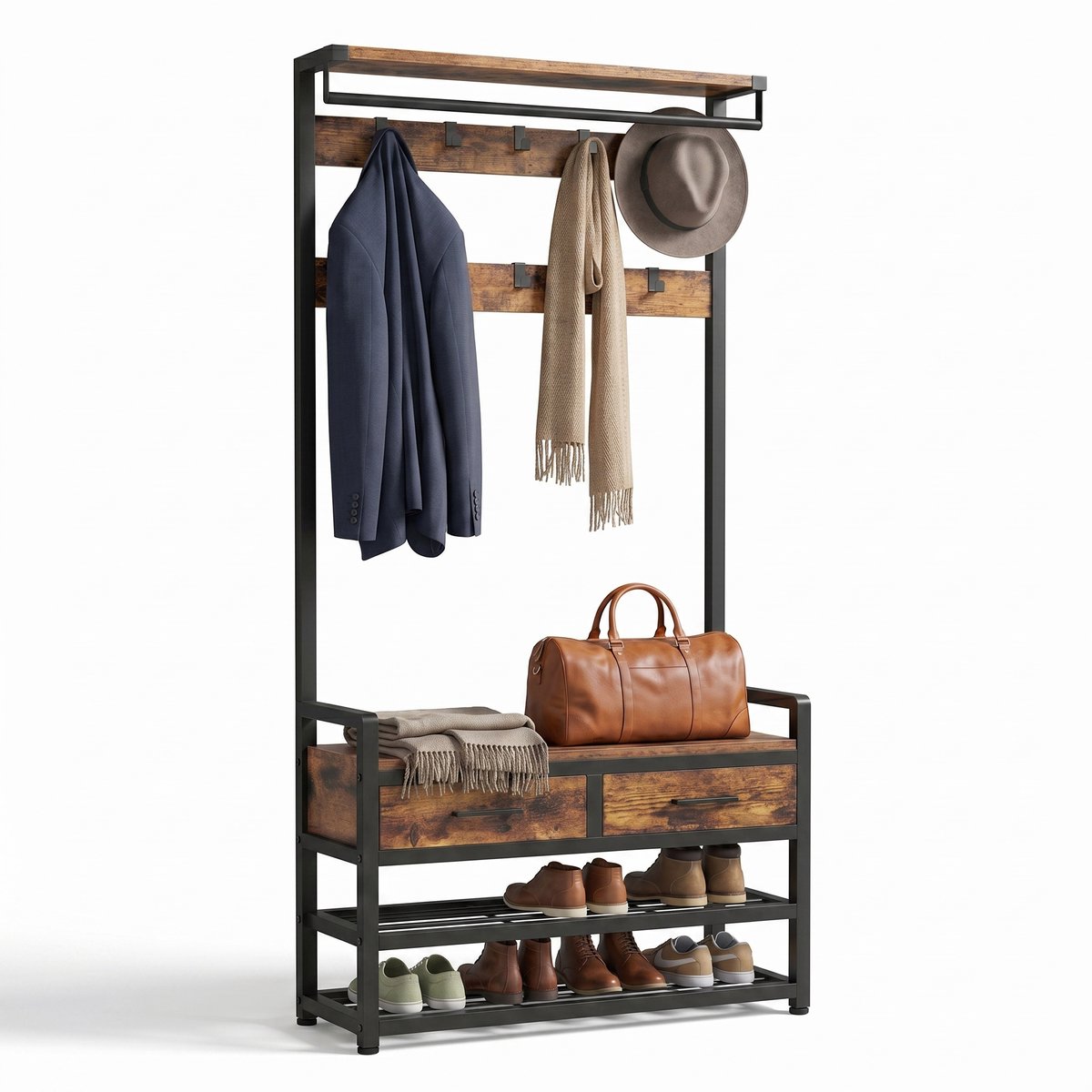 Aiverig® Kapstok met Schoenenrek & Lades – Halmeubel & Garderoberek met Zitbank – 6-in-1 Deelbare Staande of Wandkapstok met 10 Haken & 2 Lades – Voor Hal & Entree – Vintage Bruin Hout – 80×30×182 CM