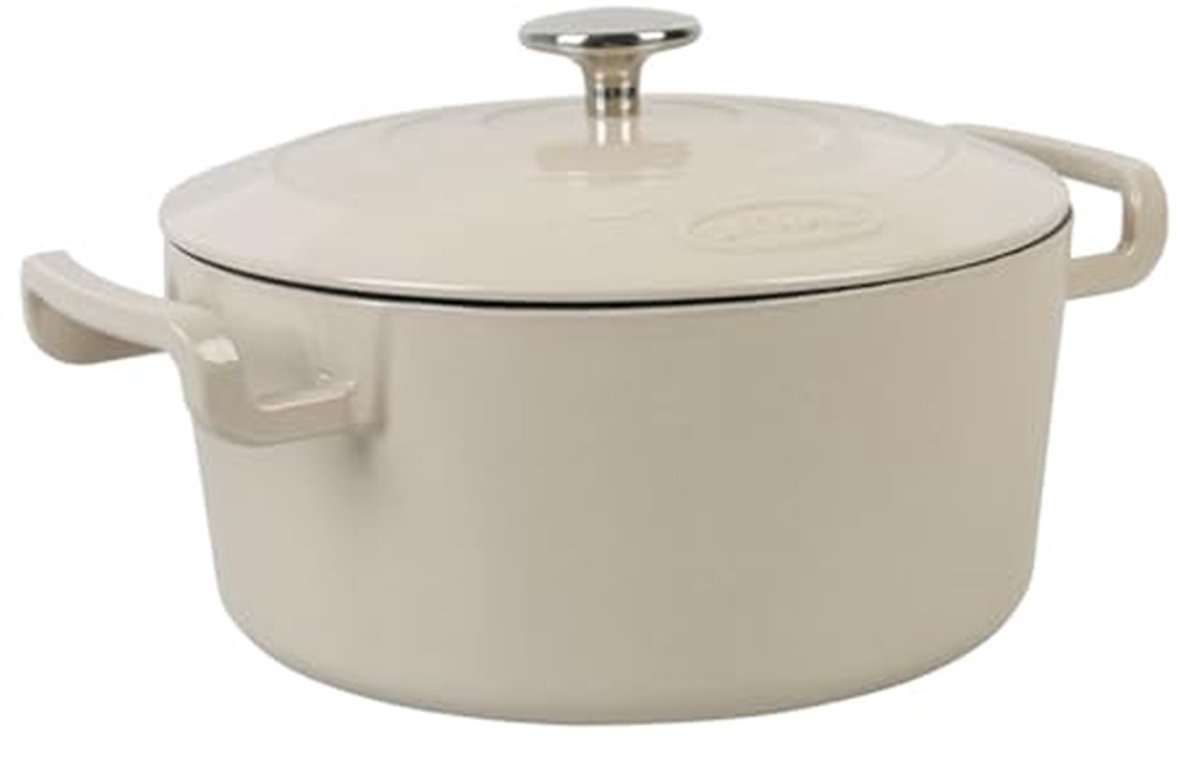 Gietijzeren Braadpan - Stoofpan Ovenschaal - Langzaam Garen - Geëmailleerde Coating - 5 Liter Inhoud - Beige Buitenkant
