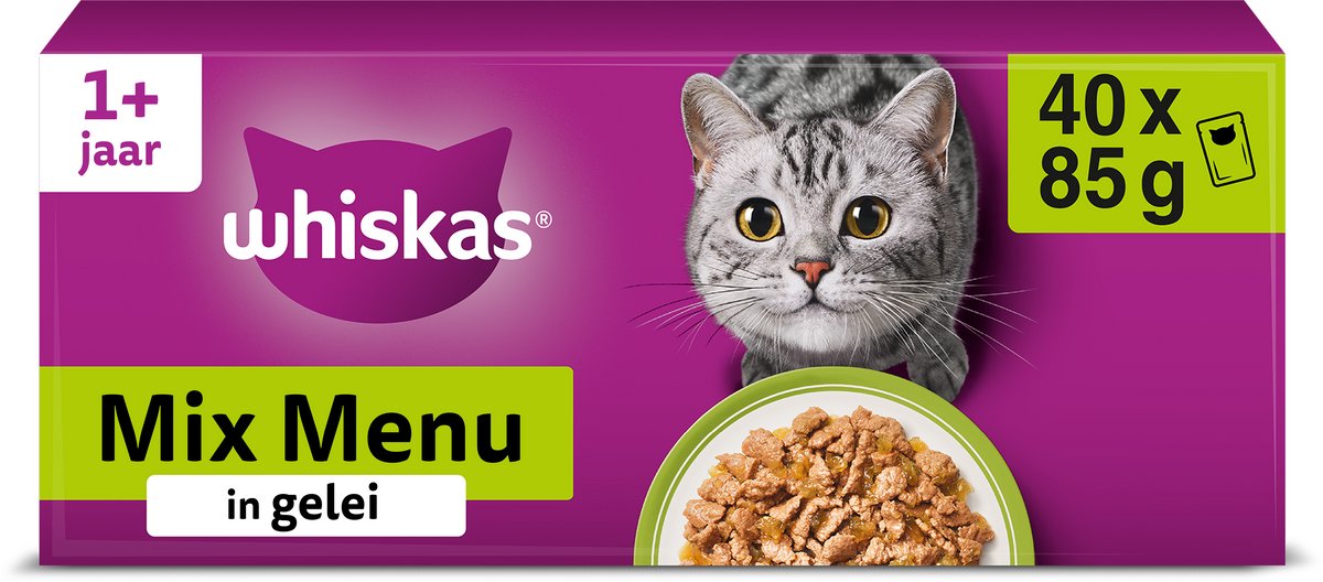 Whiskas Whiskas 'Mixed Menu' nat kattenvoer in gelei - rund, kip, zalm & tonijn - 40 x 85g