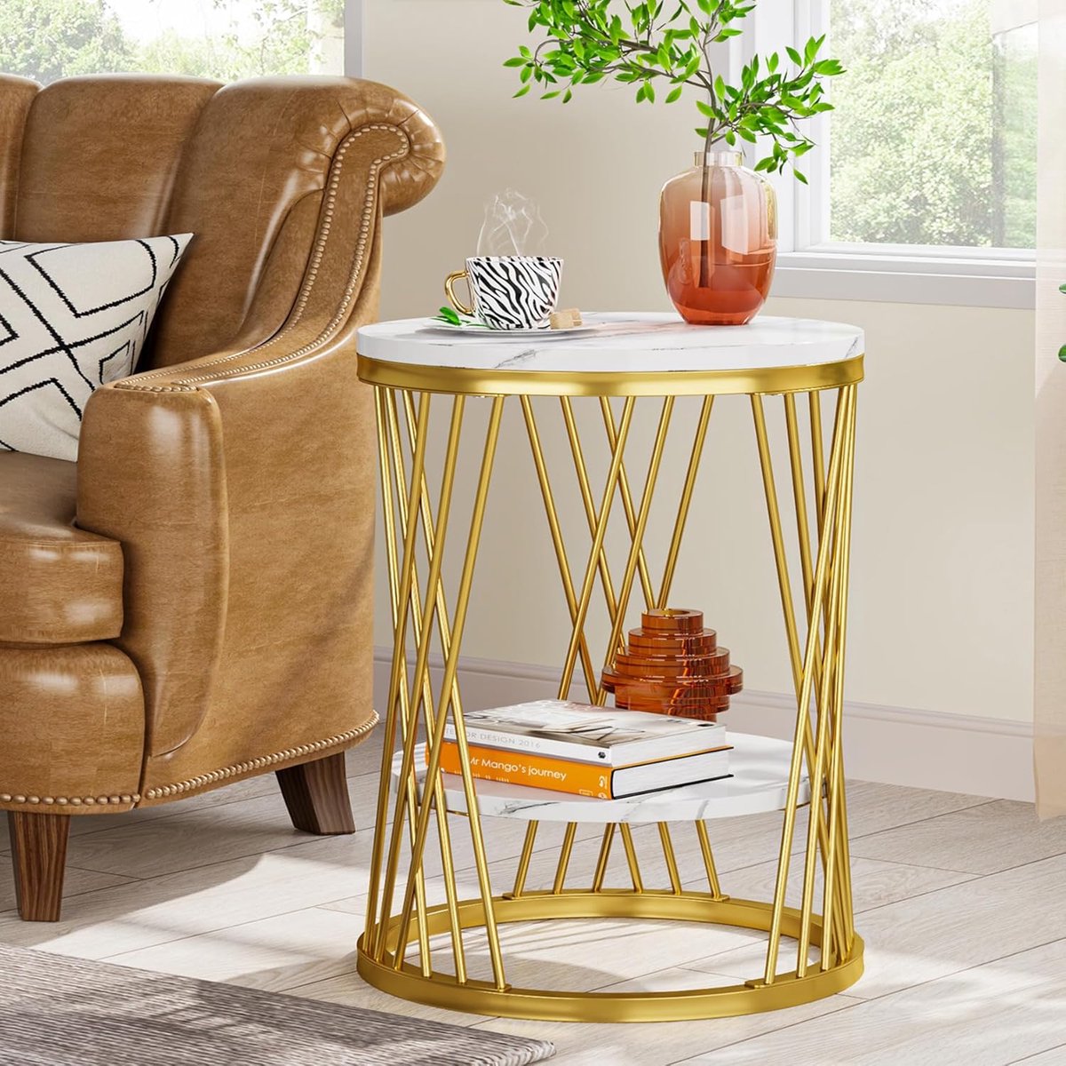 Tribesigns Ronde Bijzettafel - Industriële Bijzettafel met 2 Niveaus en Opbergruimte - Sidetable - industrieel nachtkastje voor Woonkamer, Slaapkamer - 45×45×60 cm - witgouden Bruin