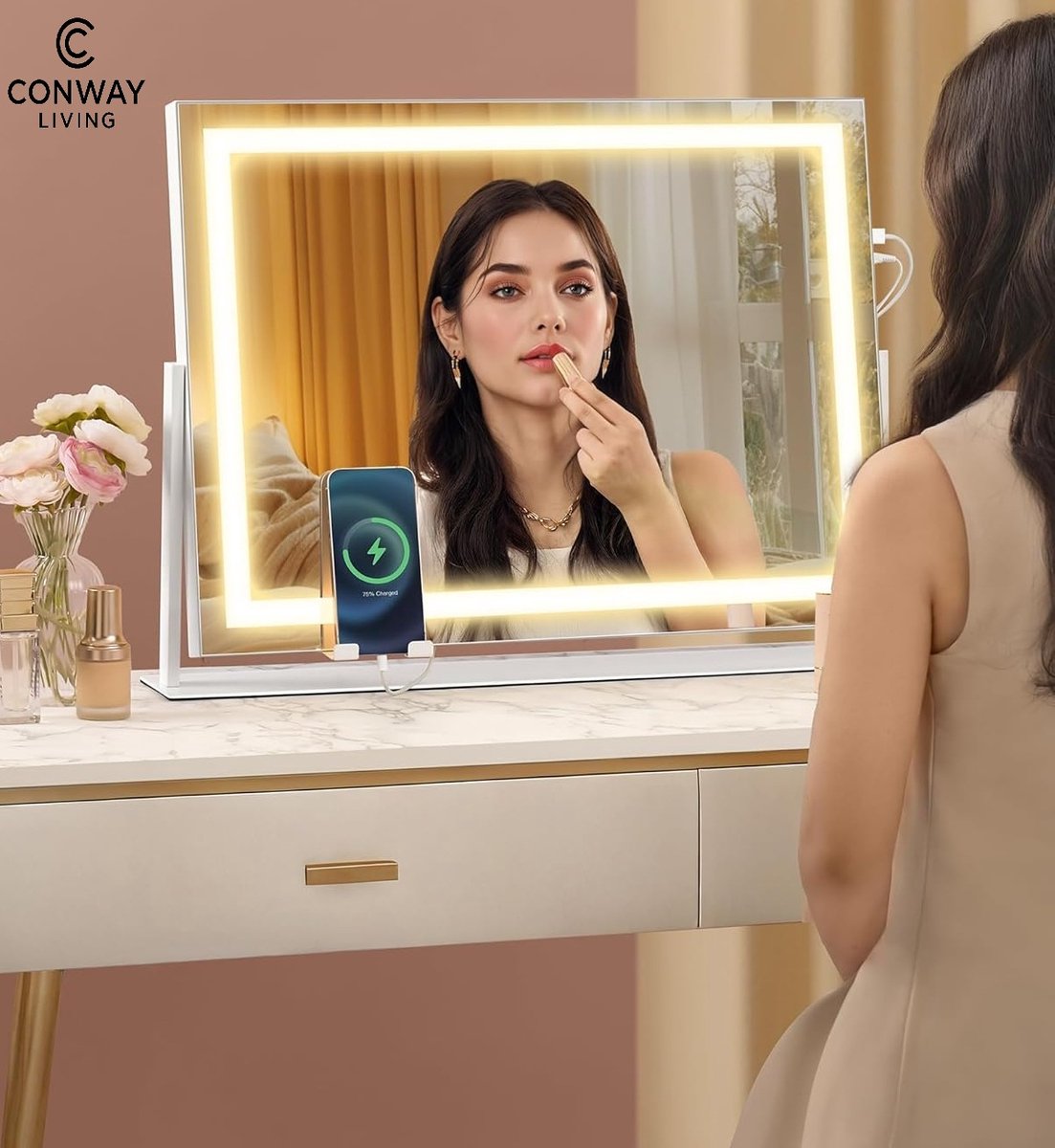 Conway Living® Make-up Spiegel met Verlichting - 58x46 cm - Hollywood spiegel met bluetooth - 15 LED Lampen - 3 Lichtkleuren - USB-C en USB-C - Visagie Spiegel - Smart Touch - Telefoonhouder aan Beide zijden